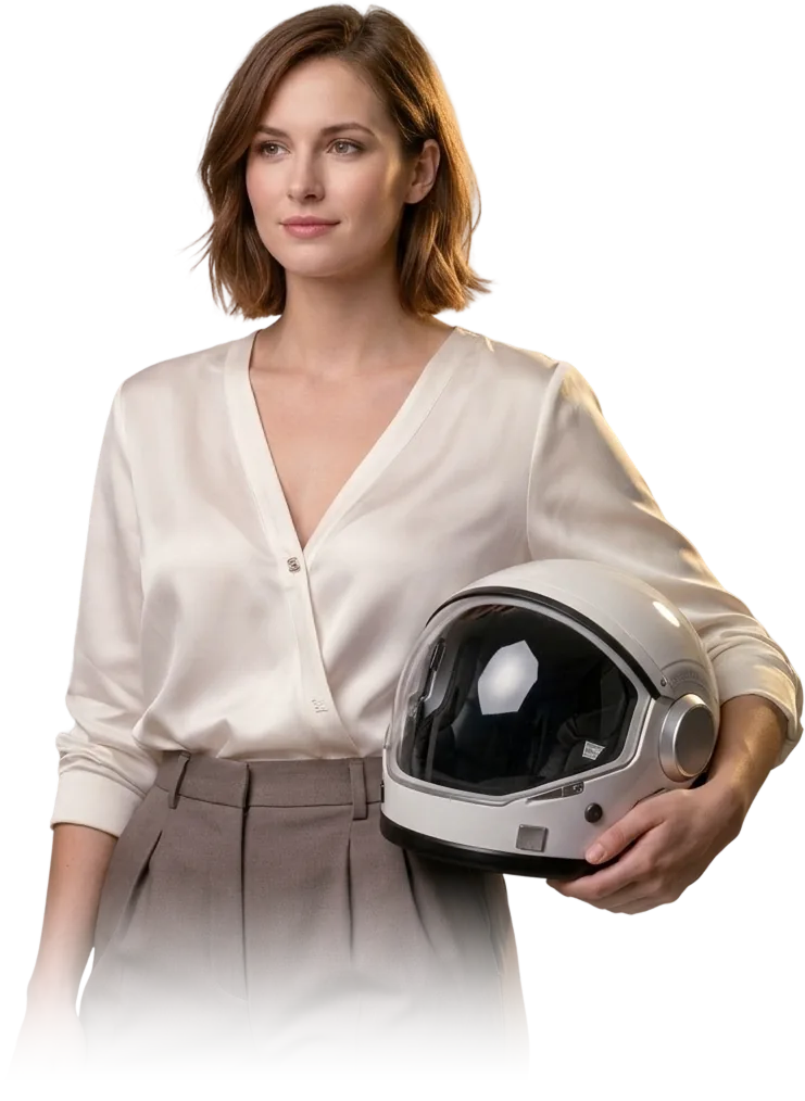 Professional woman holding an astronaut helmet